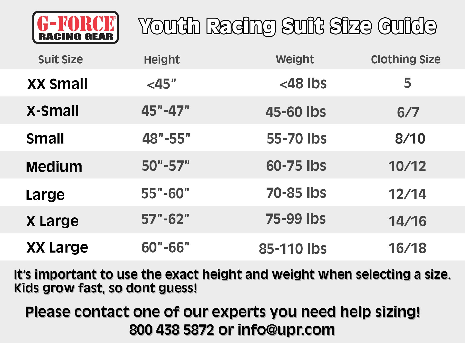 G Force Suit Sizing Chart